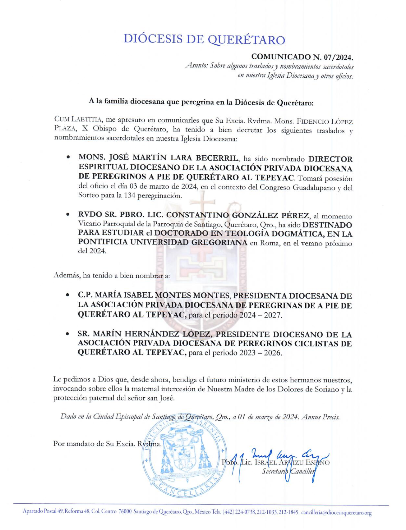 COMUNICADO N. 07/2024. Asunto: Sobre algunos traslados y nombramientos sacerdotales en nuestra Iglesia Diocesana y otros oficios